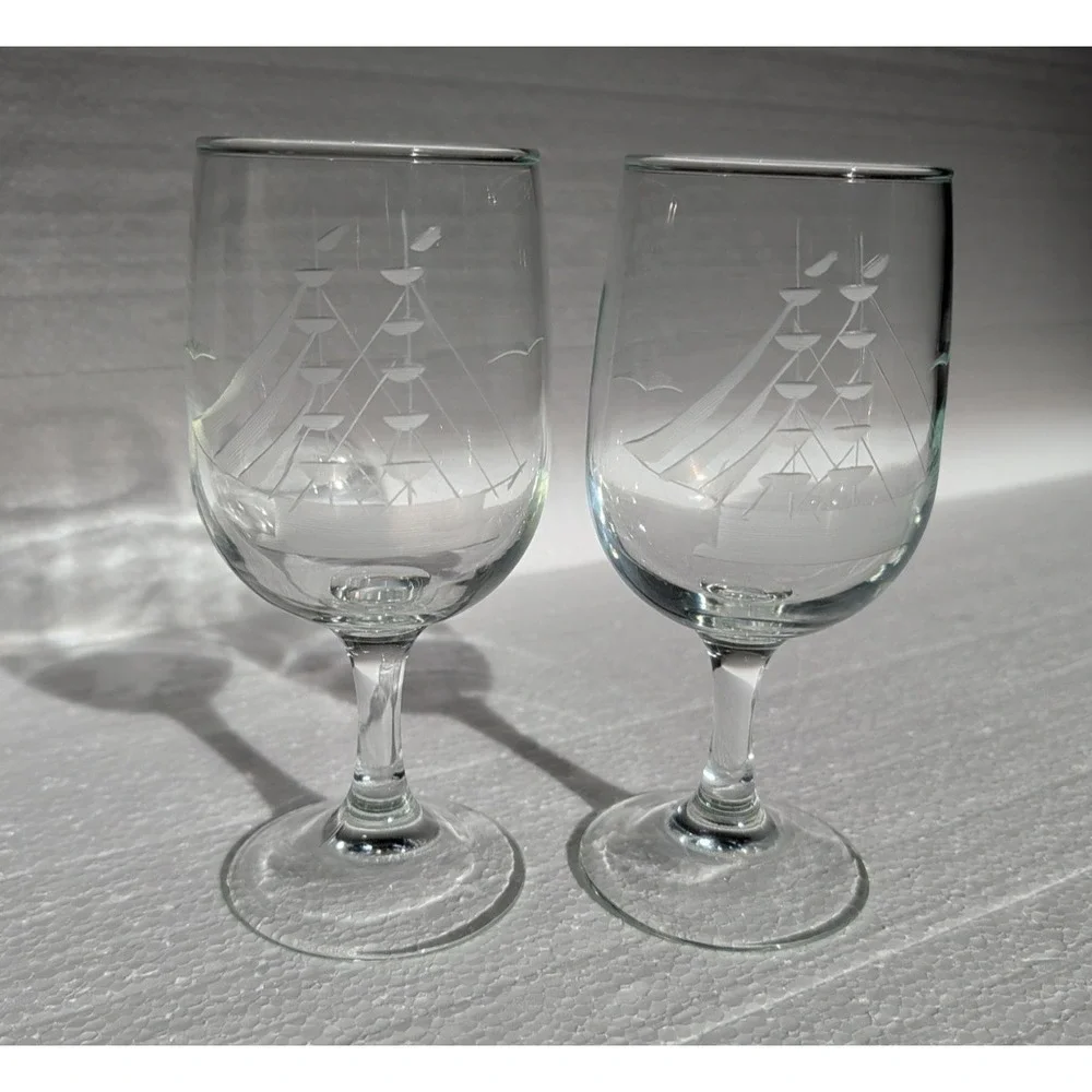 PAIR JAVIT Clipper Collection Etched Glass Sail Ship‎ Wine Glass 10 oz VTG 6.5